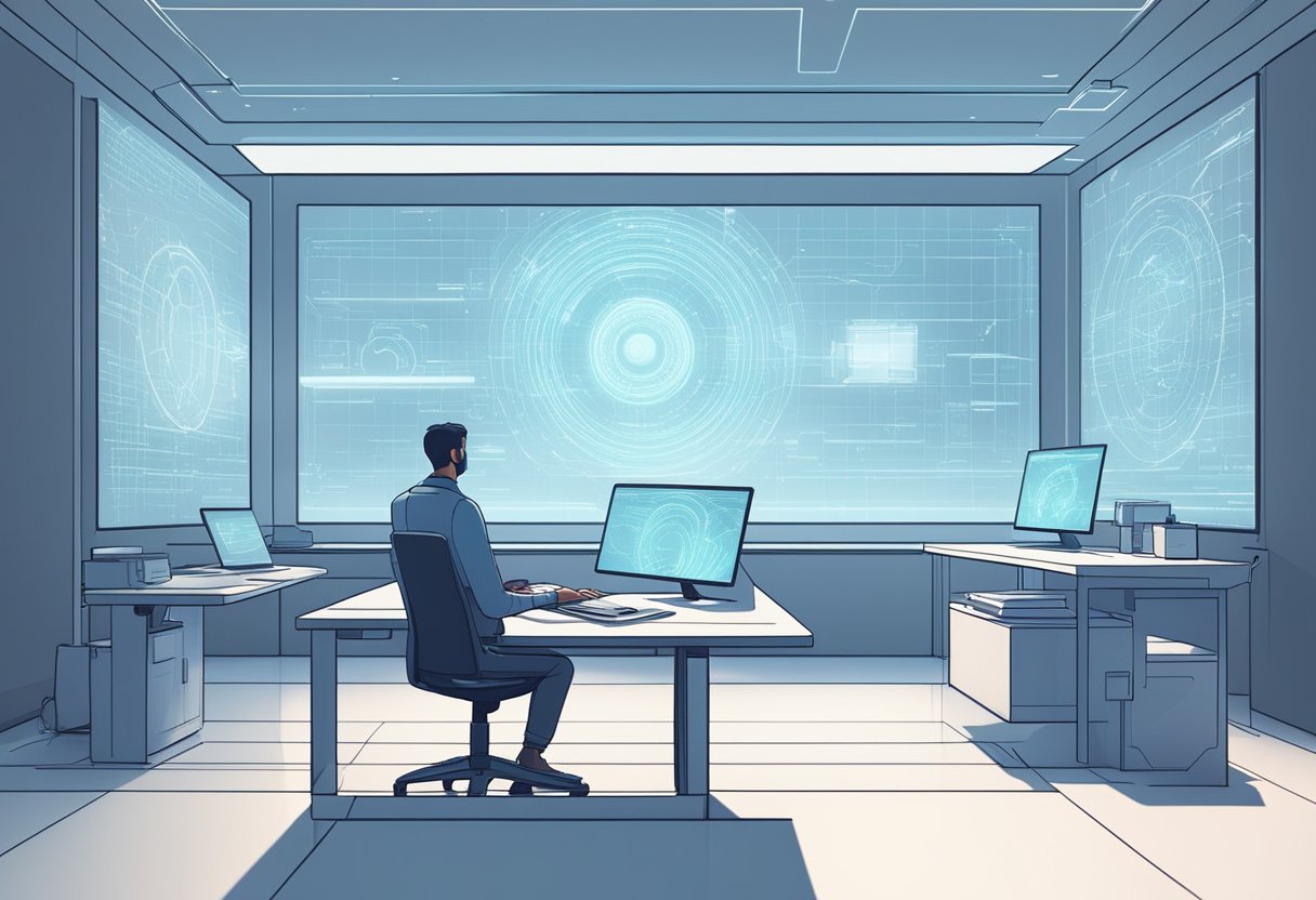 A futuristic AI generating storyboards with holographic projections and digital interfaces in a sleek, minimalist workspace