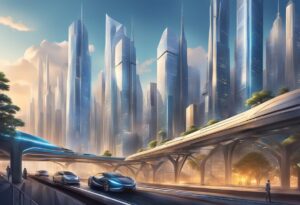 A futuristic cityscape with towering skyscrapers and sleek, high-speed transportation systems weaving through the urban landscape