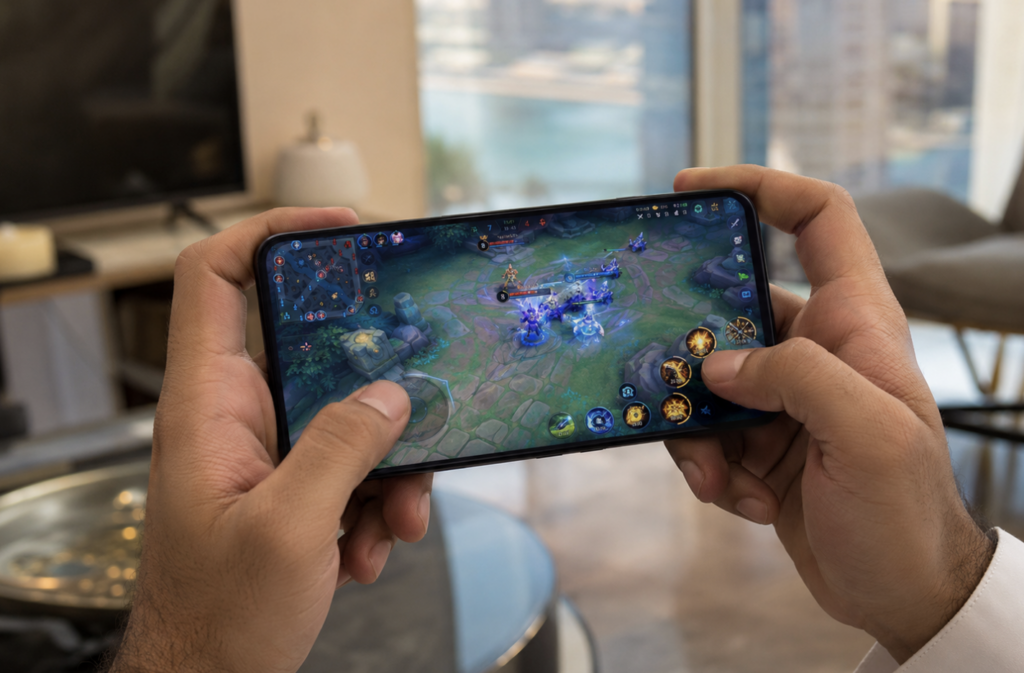 Close-up of hands playing a fantasy multiplayer battle game on a smartphone in a modern apartment.