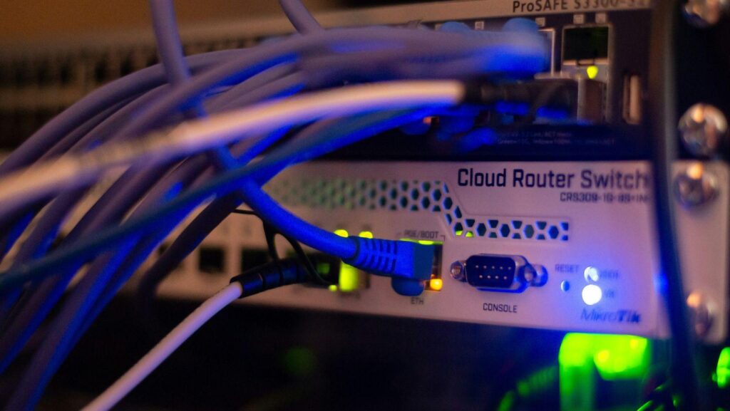 A close-up of a network, representing the traffic that AI cybersecurity tools monitor to detect threats.