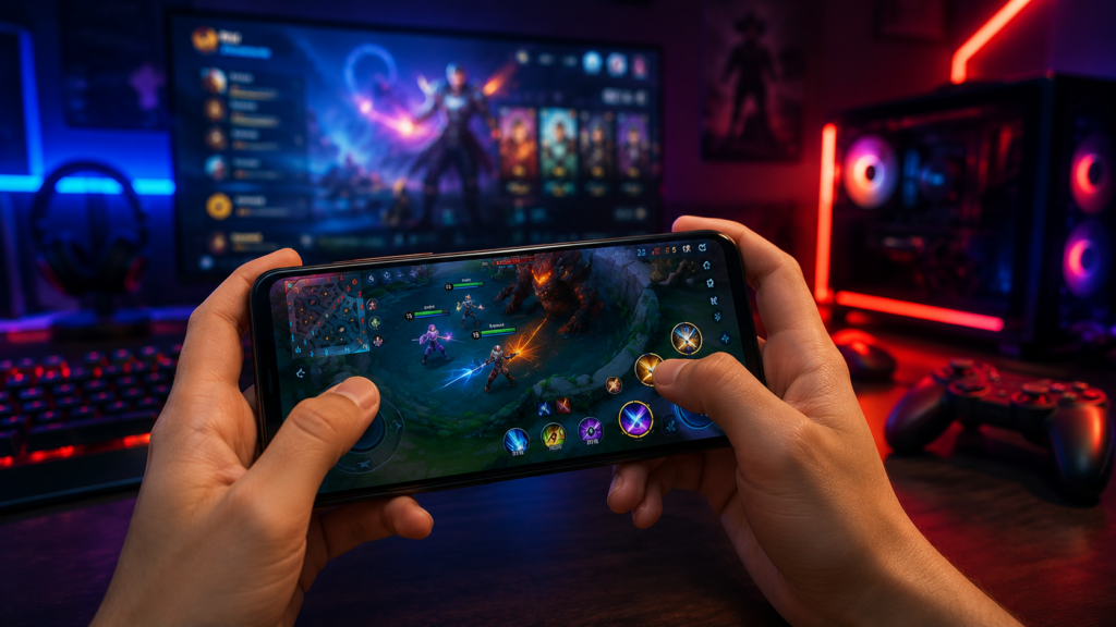 Alt: Hands playing mobile game near gaming PC